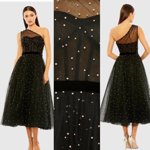 Mac Duggal Dresses & Skirts - Mac Duggal One Shoulder Pearl Beaded Midi Ballgown Dress